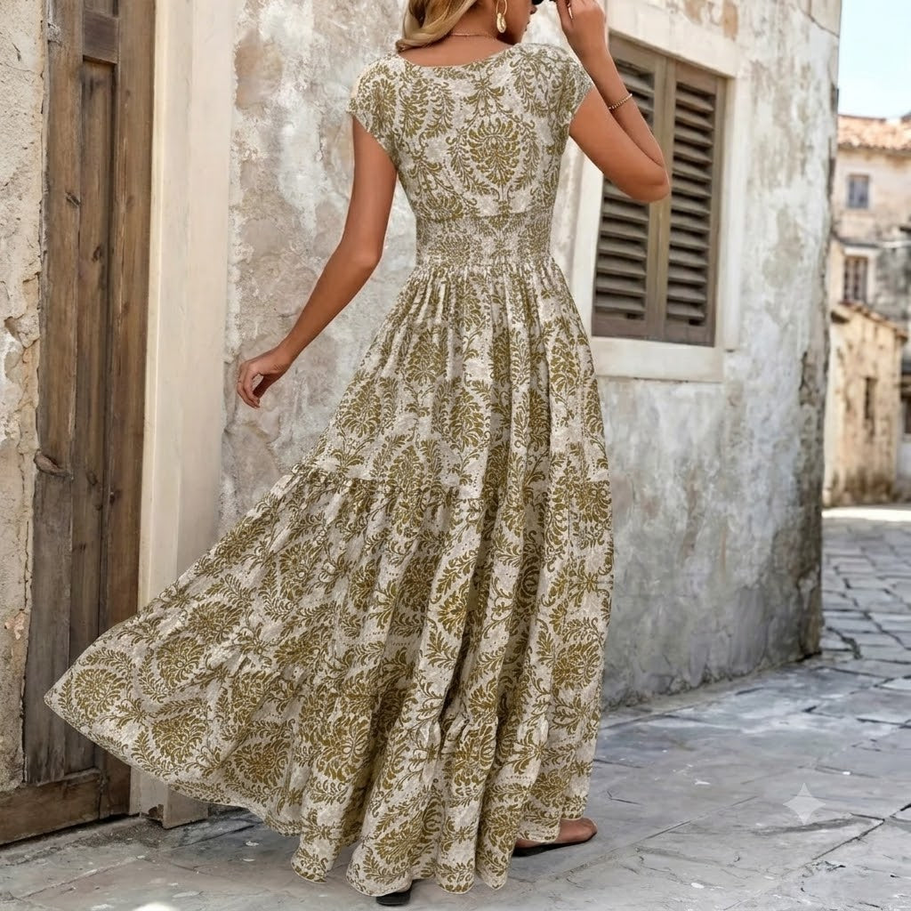 💃Women's Boho Shirred V-Neck Flowy Vacation Maxi Dress