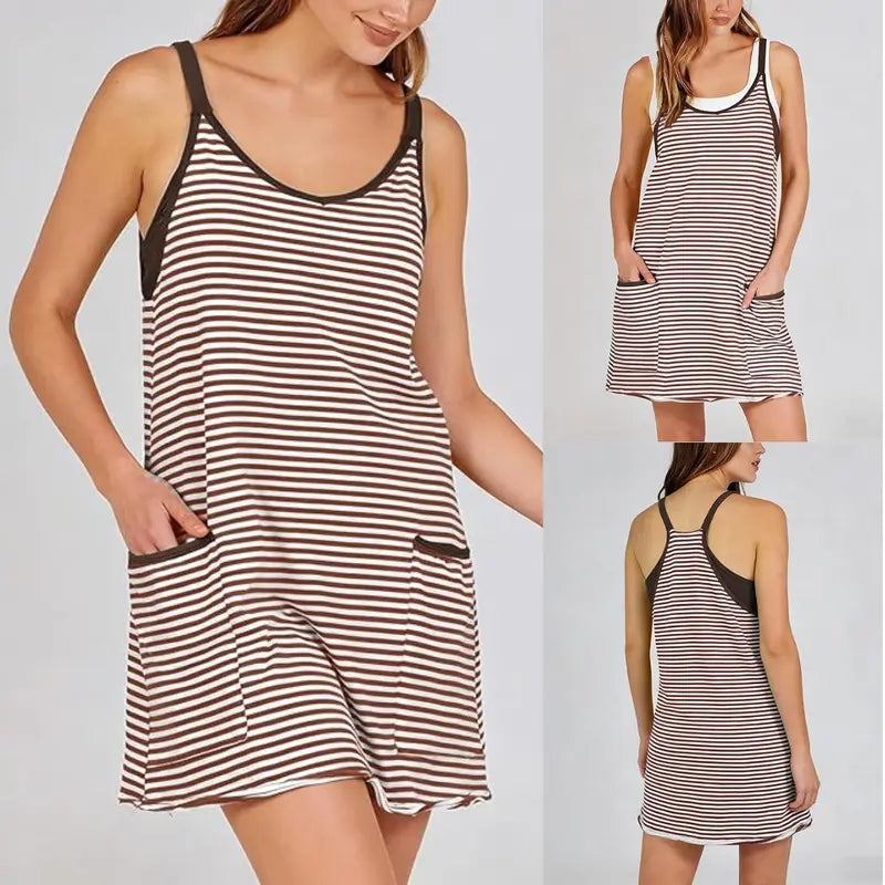 👗 Tanming Women's Summer Athletic Mini Dress – Sleeveless V-Neck Striped Tennis Dress with Built-In Shorts ☀️🎾
