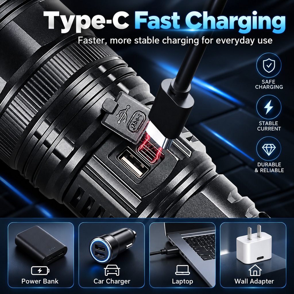 Portable Strong Flashlight Power Bank - USB Port