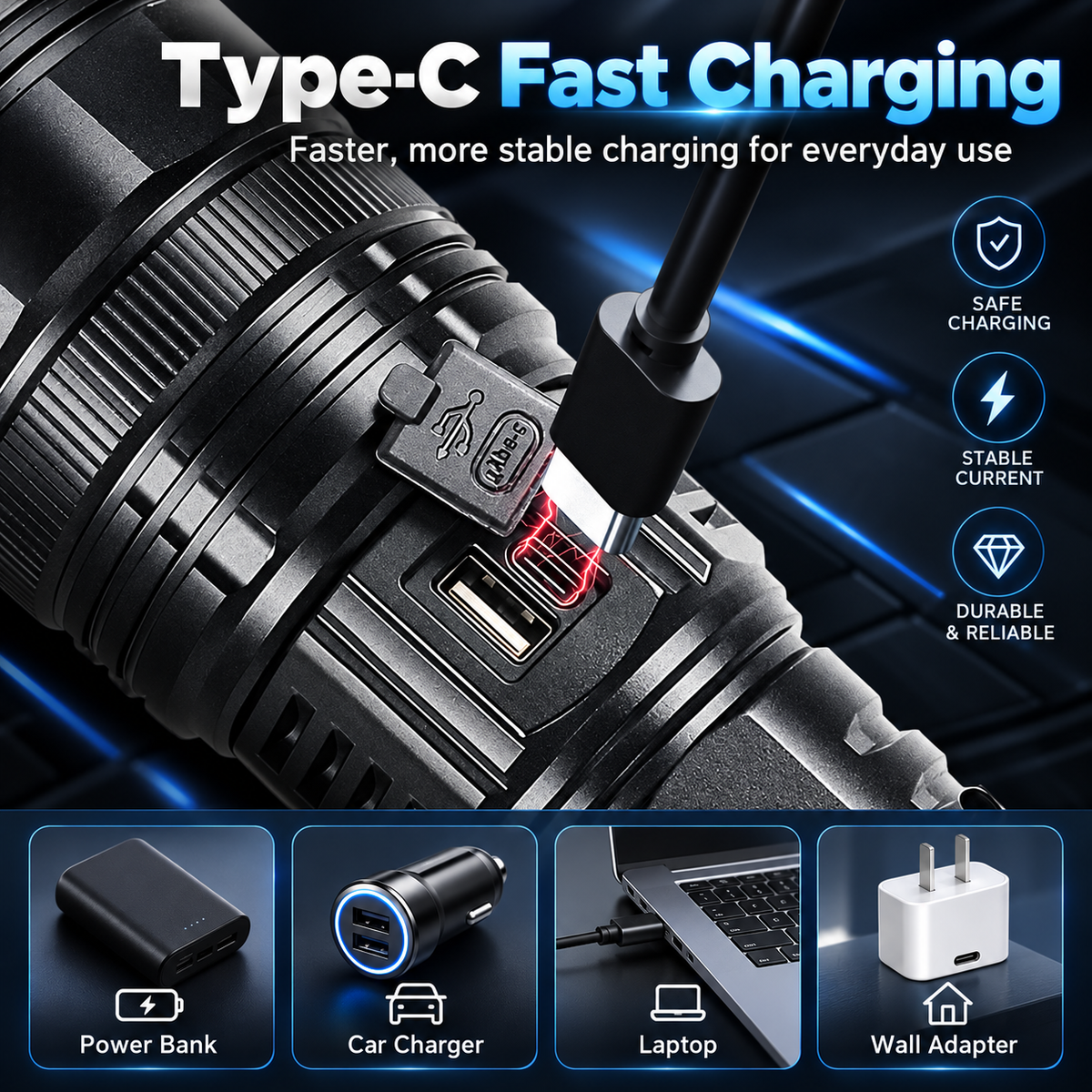 Portable Strong Flashlight Power Bank - USB Port
