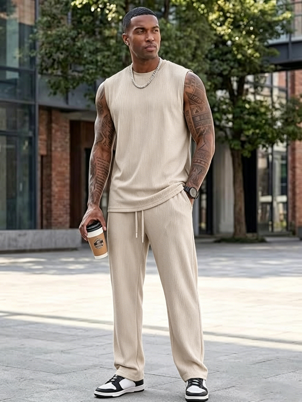 ✨Modern Knit Men's 2-Piece Leisure Suit – Sleeveless Tank Top & Lounge Pants