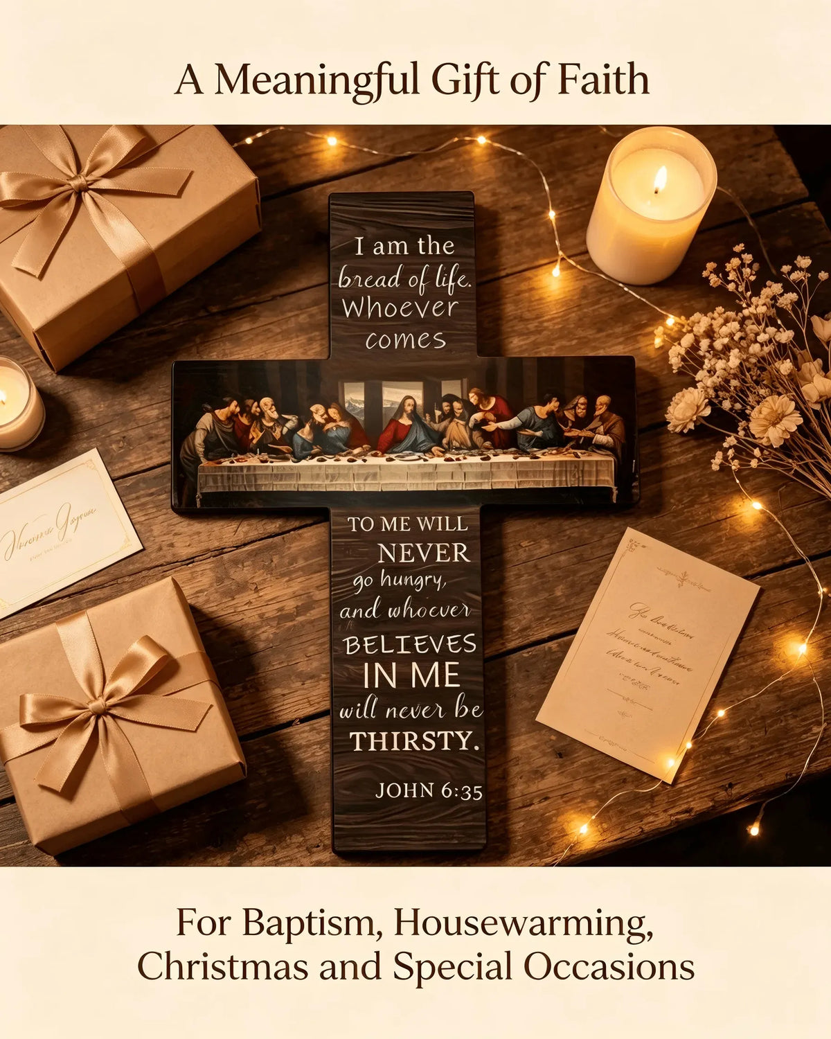 ✝️ The Last Supper Vintage Wooden Cross | John 6:35 Scripture Wall Décor