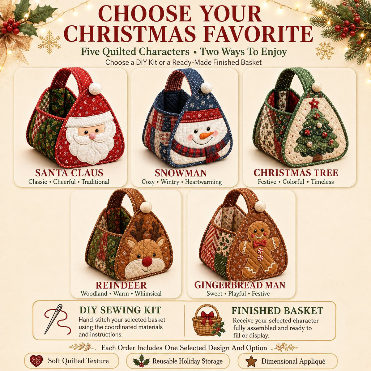 🎄 🎄 Christmas Quilted Carry Basket – DIY Sewing Kit & Finished Basket 🎁