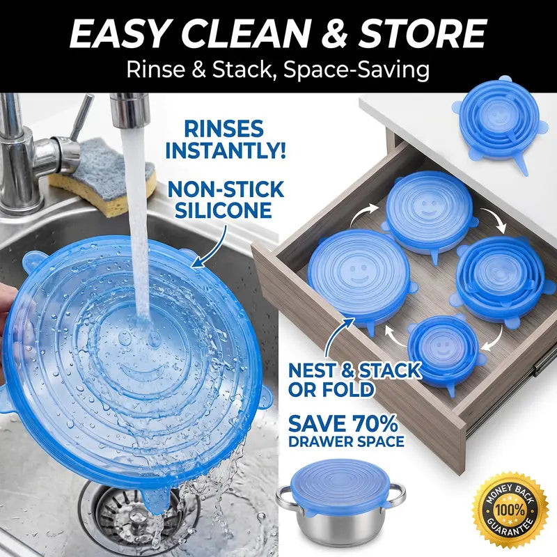 Universal Reusable Silicone Stretch Lids, 6-Pack Airtight Food Covers for Bowls, Cups, Jars & Containers