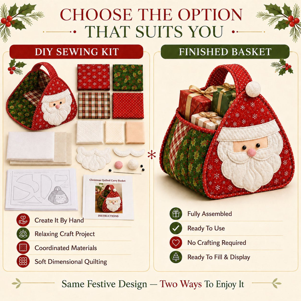 🎄 🎄 Christmas Quilted Carry Basket – DIY Sewing Kit & Finished Basket 🎁
