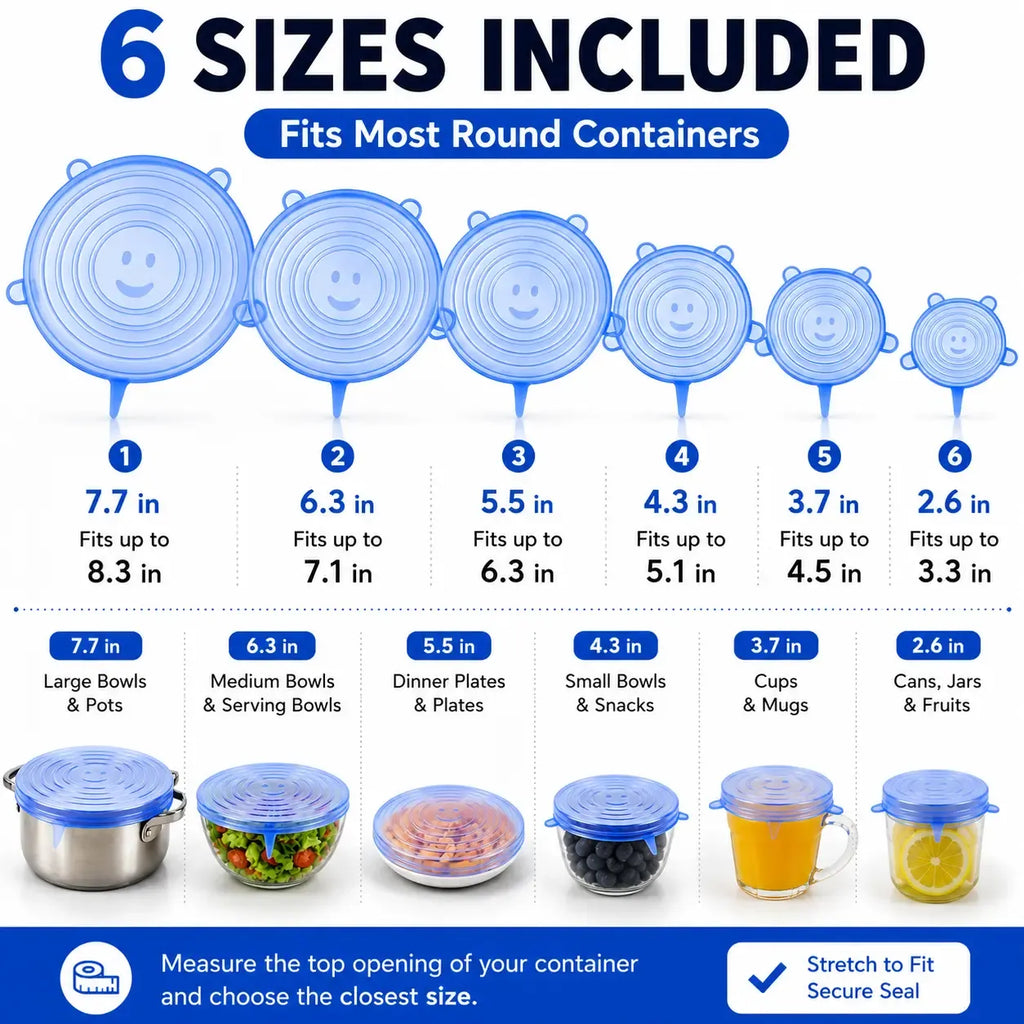 🥣✨ 6-Pack Silicone Stretch Lids – Reusable Food-Grade Container Covers 🍱