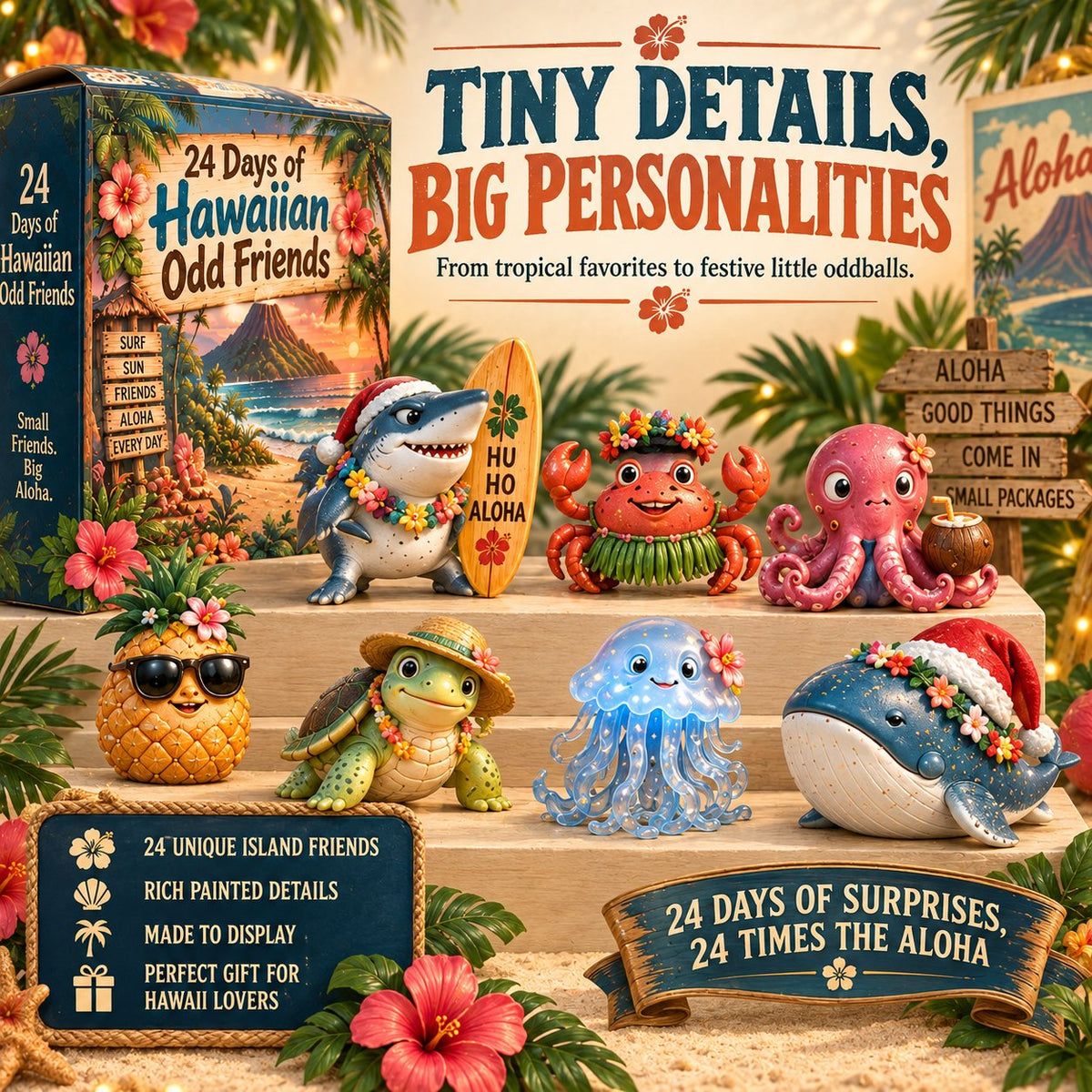 🌺🎄 24 Days of Hawaiian Odd Friends Advent Calendar – 24 Hand-Painted Tropical Mini Figures 🎁✨