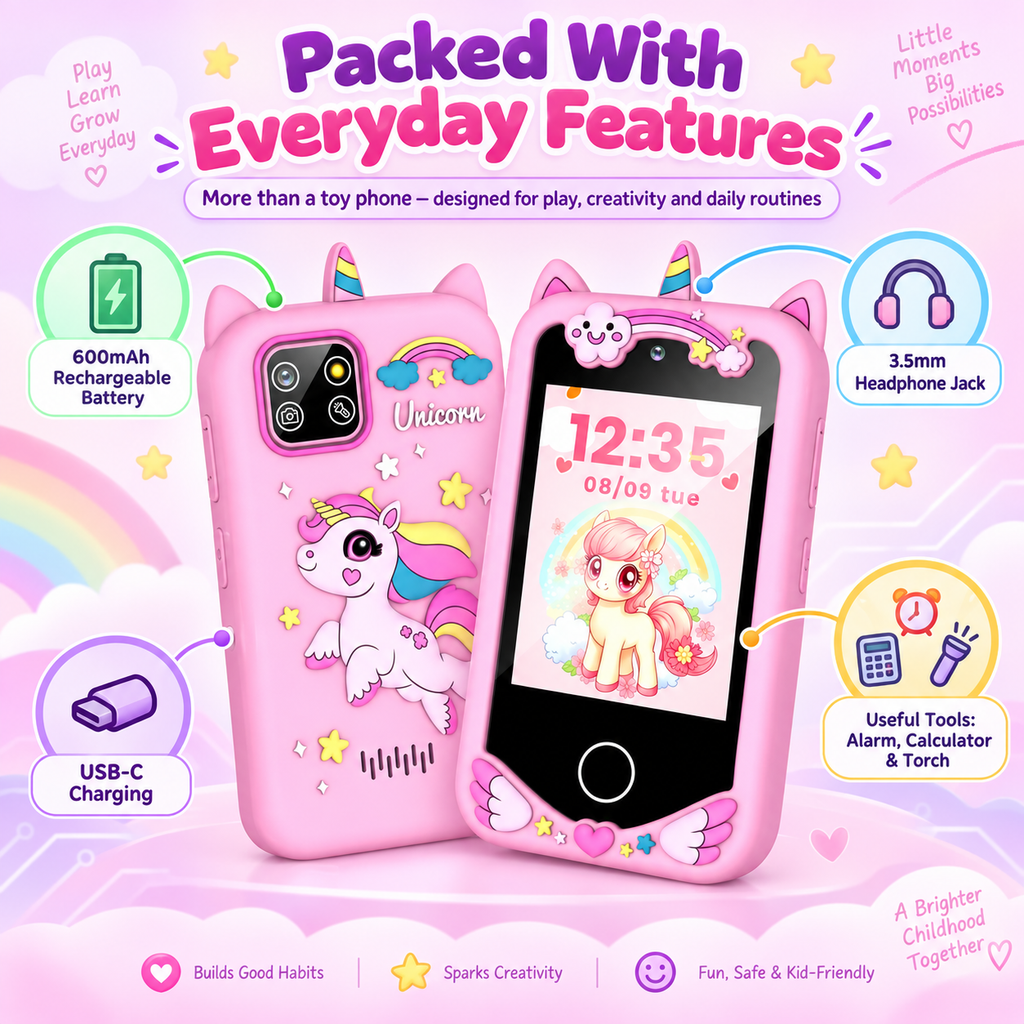 Smartphones for children, featuring an HD touchscreen, dual cameras, and built-in MP3 player and games.