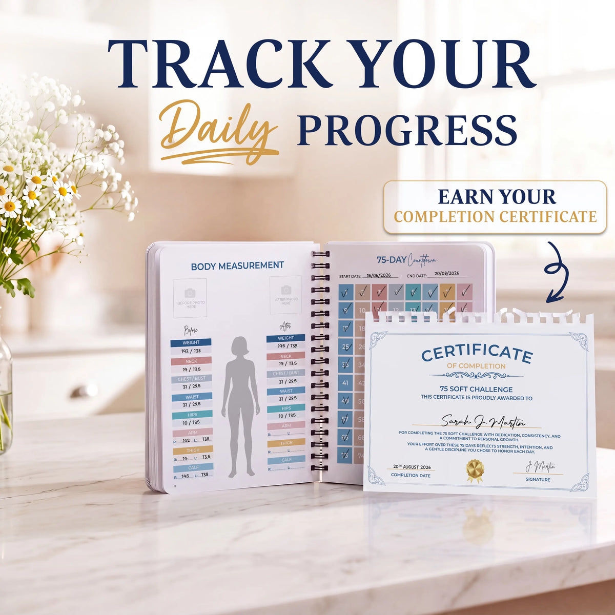 "75 Soft" Challenge Journal for Women: A5 Spiral-Bound 75-Day Habit Tracker—Features full-color daily logs, weekly reviews, and trackers for diet, hydration, exercise, and reading.