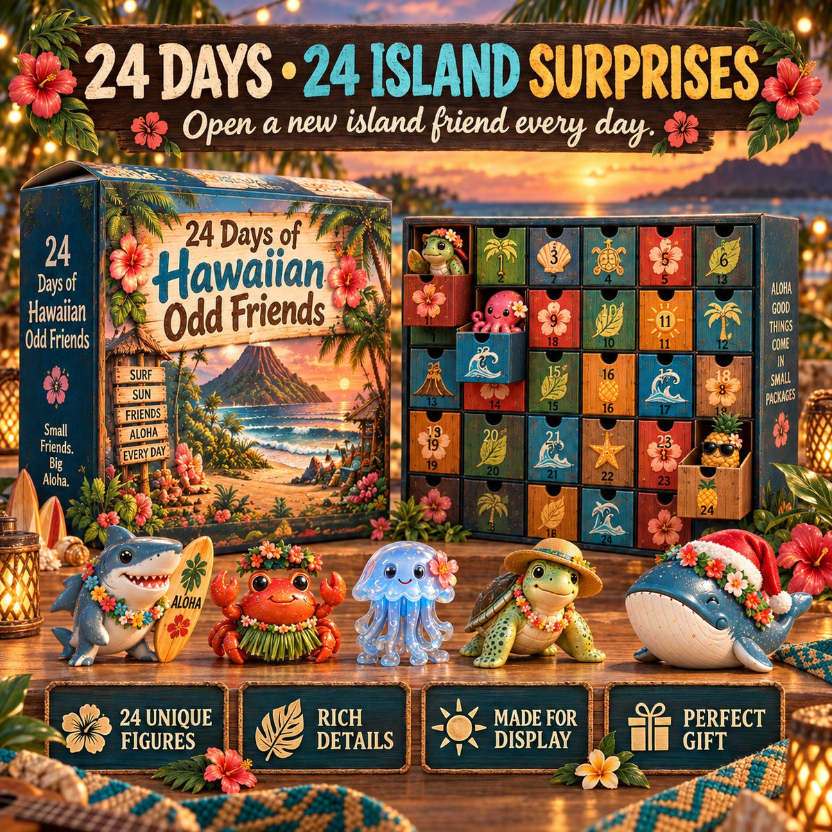 🌺🎄 24 Days of Hawaiian Odd Friends Advent Calendar – 24 Hand-Painted Tropical Mini Figures 🎁✨