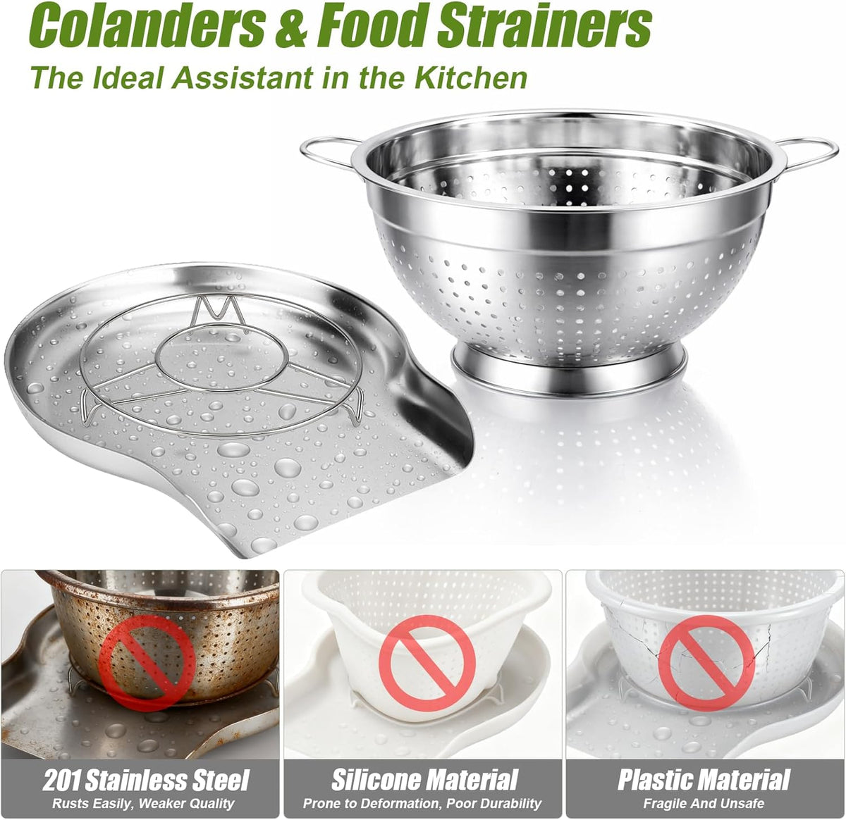 Colander and Strainer Self Drainer Base Plate Stainless Steel for Kitchen