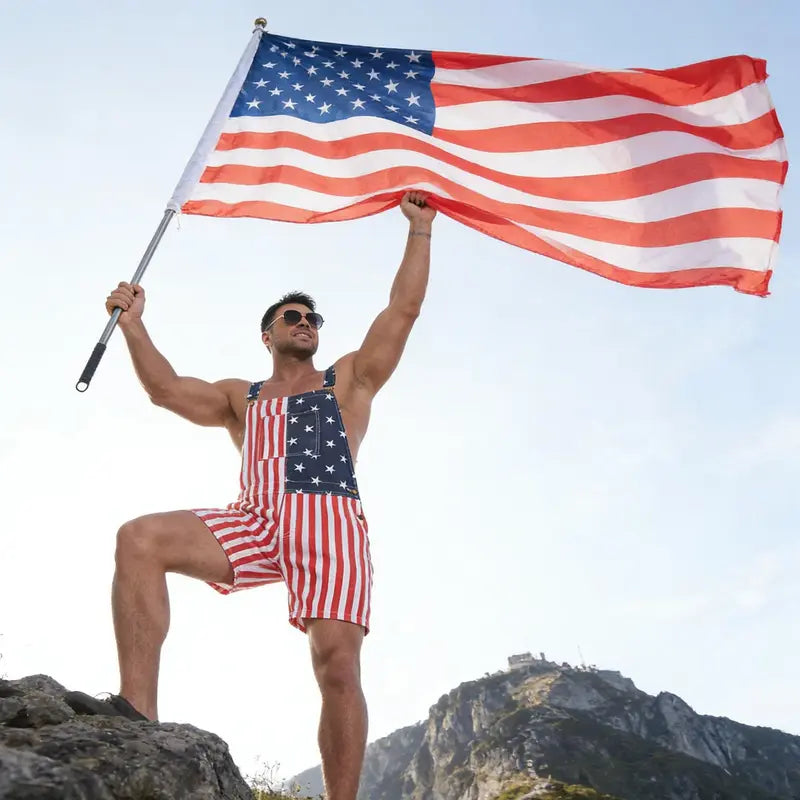 4th of July American Flag Overalls – Patriotic Stretch Denim Romper for Men & Women