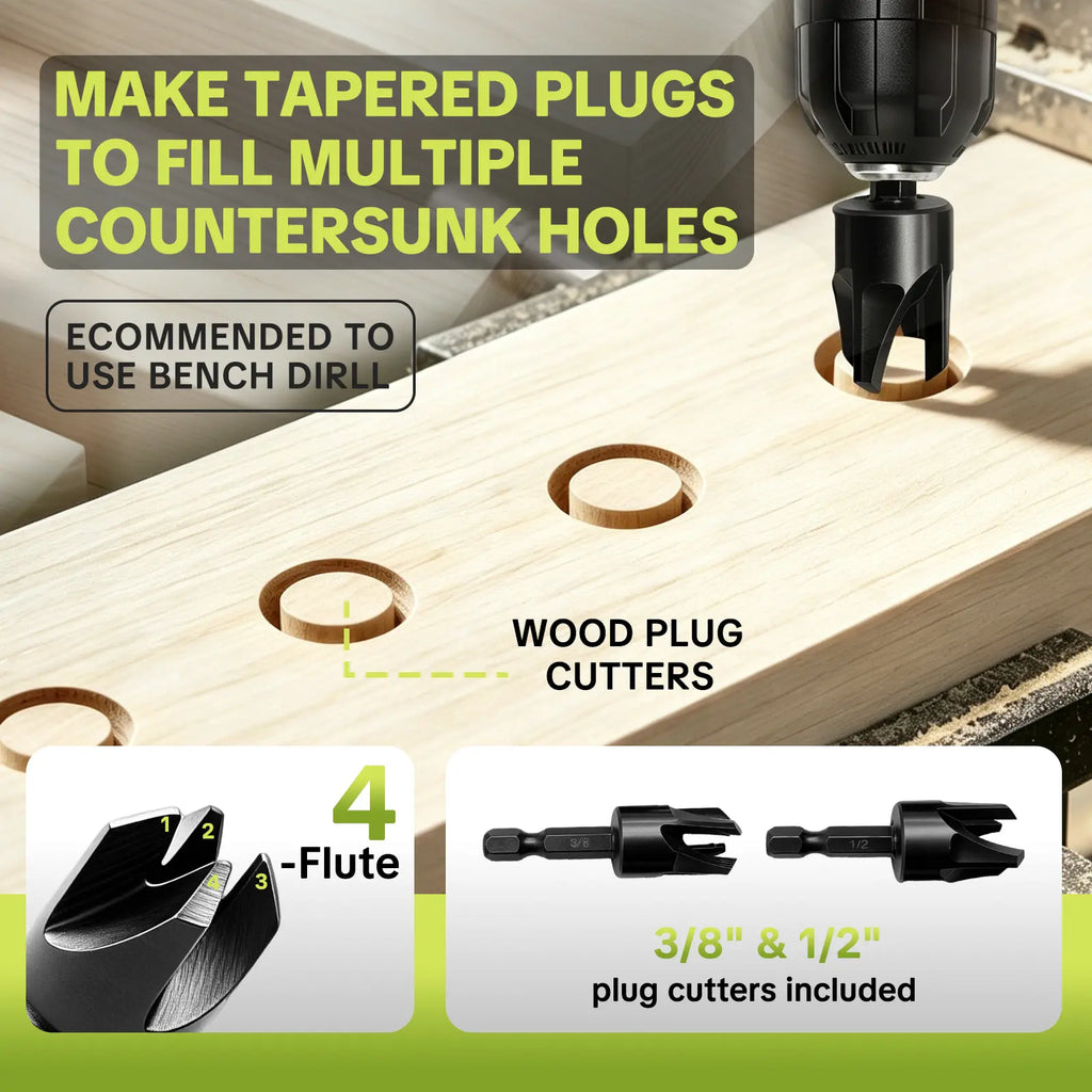 Upgrade Your Woodworking – 15PCS Adjustable Countersink Drill Bit Set with Wood Plug Cutters