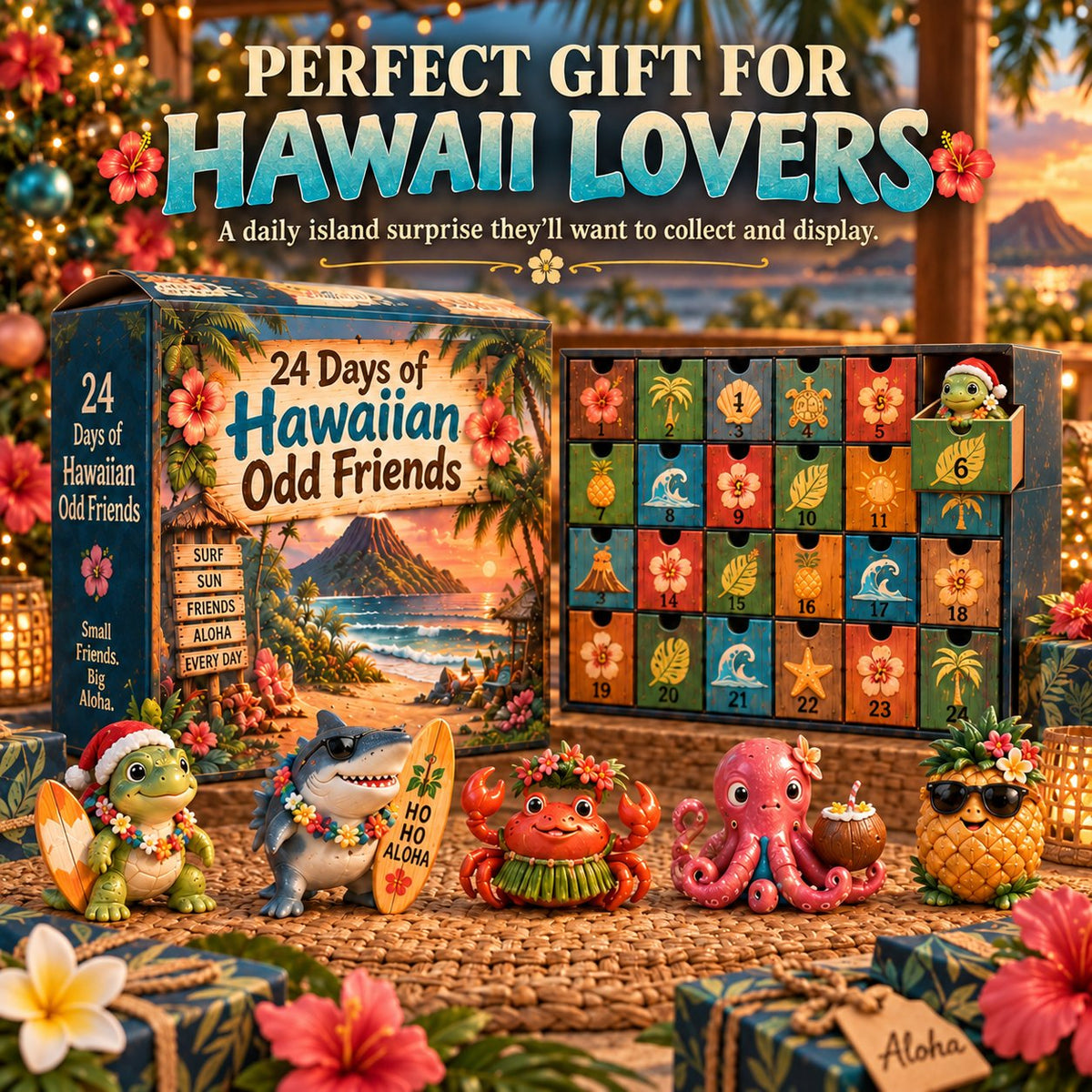 🌺🎄 24 Days of Hawaiian Odd Friends Advent Calendar – 24 Hand-Painted Tropical Mini Figures 🎁✨