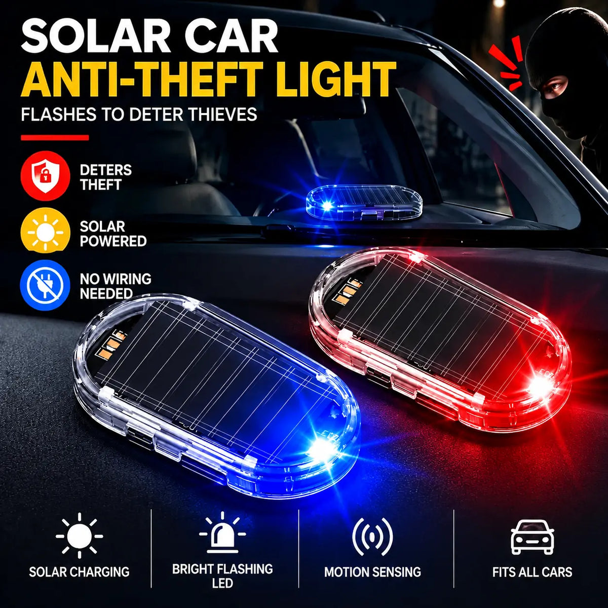 🚨 Solar Fake Car Alarm Light – LED Security Warning Flashing Simulator