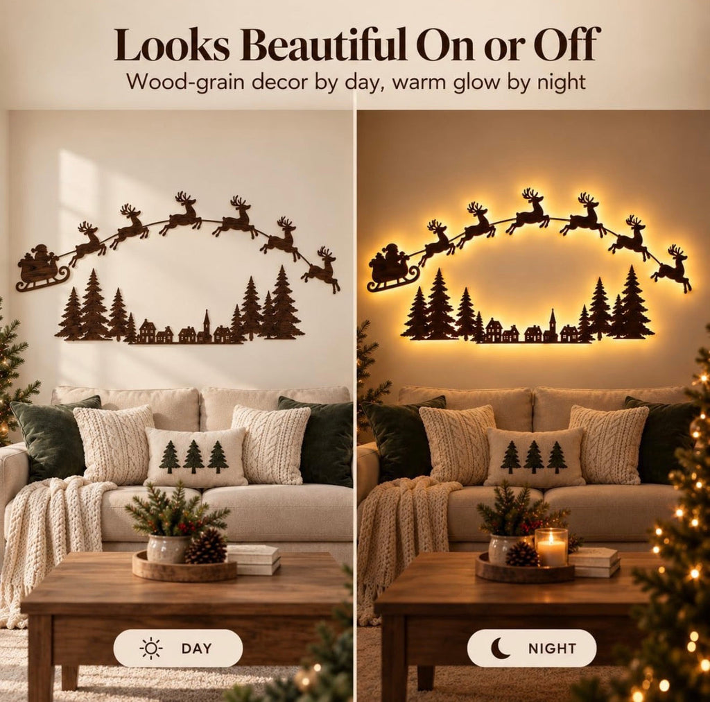 Reindeer Sleigh Press On – Lighted Christmas Wall Decor, Easy No-Tool Install