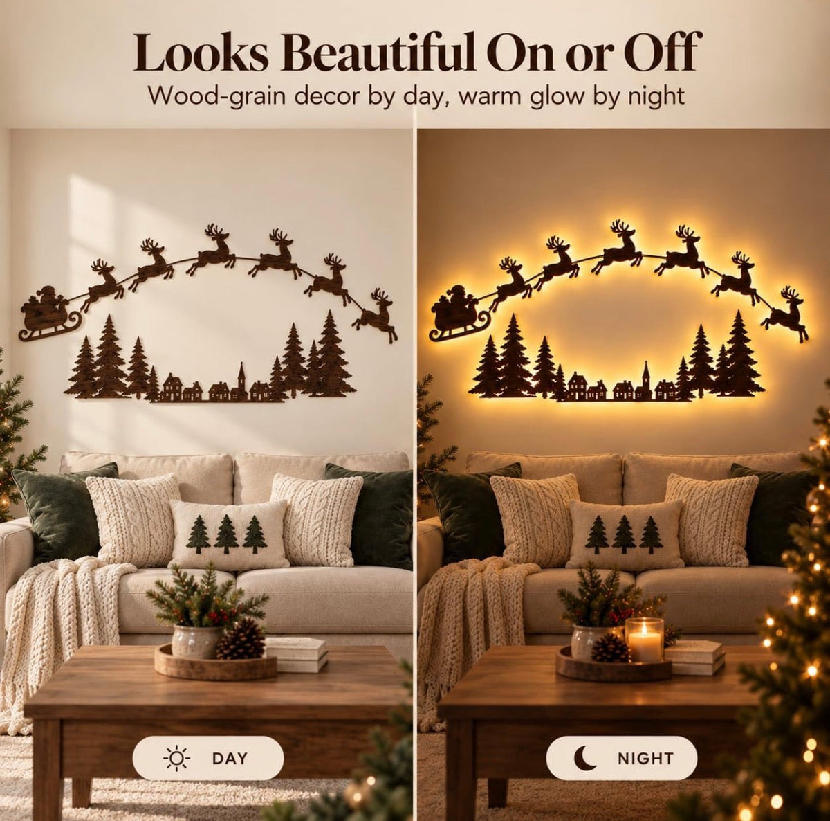 Reindeer Sleigh Press On – Lighted Christmas Wall Decor, Easy No-Tool Install