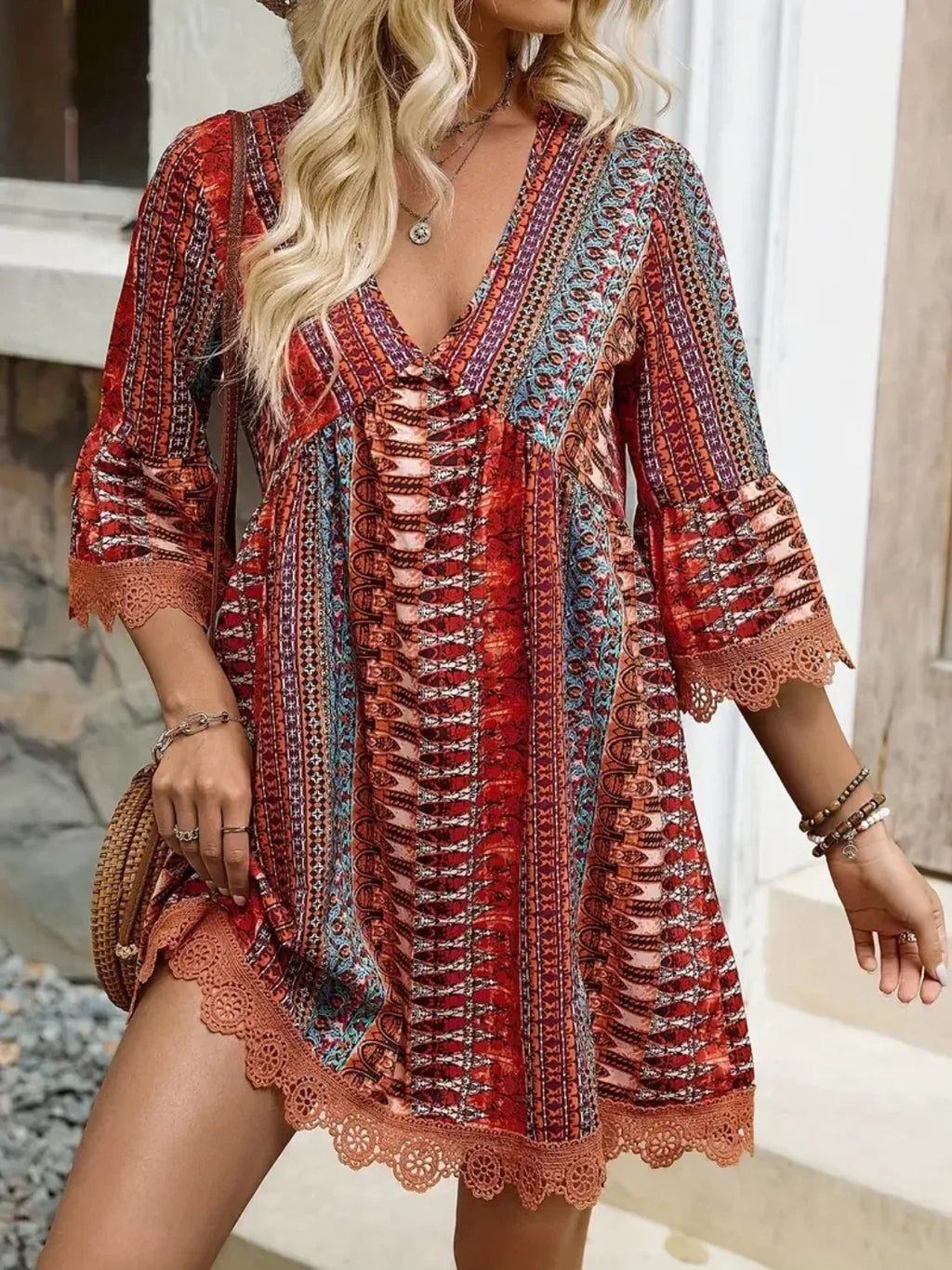 Women's Bohemian Print V-Neck Dress