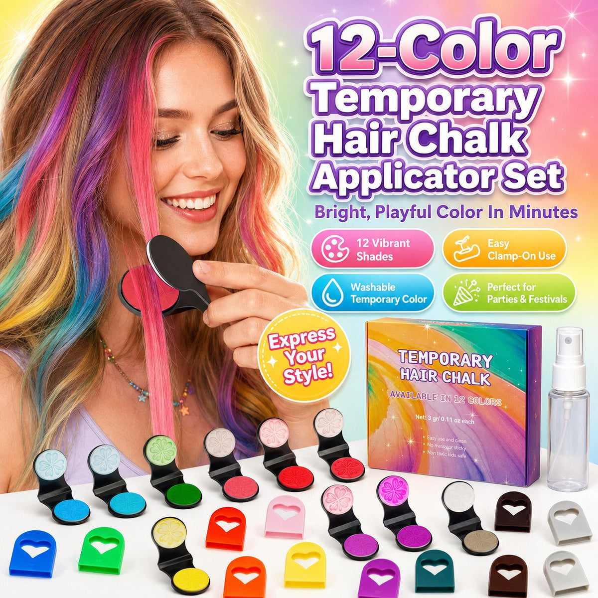 🌈🌈12-Color Temporary Hair Chalk Applicator Set