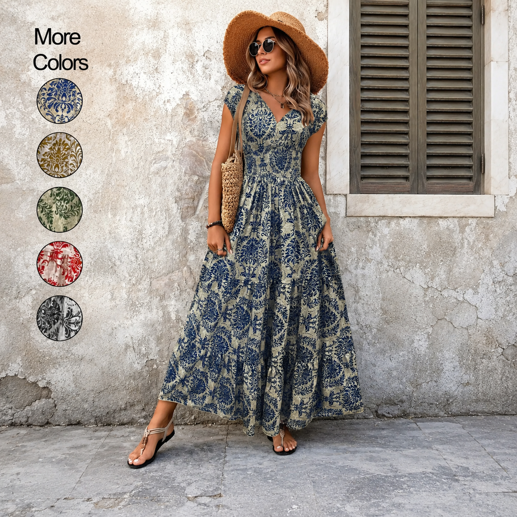 💃Women's Boho Shirred V-Neck Flowy Vacation Maxi Dress