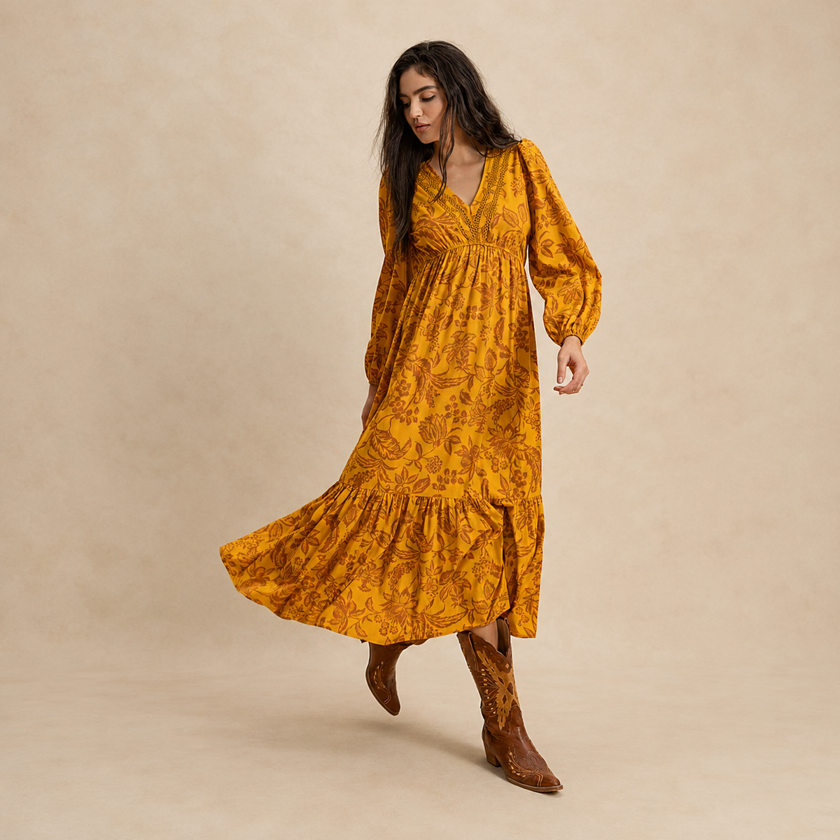 Women's Floral Boho V-Neck Long Sleeve Maxi Dress