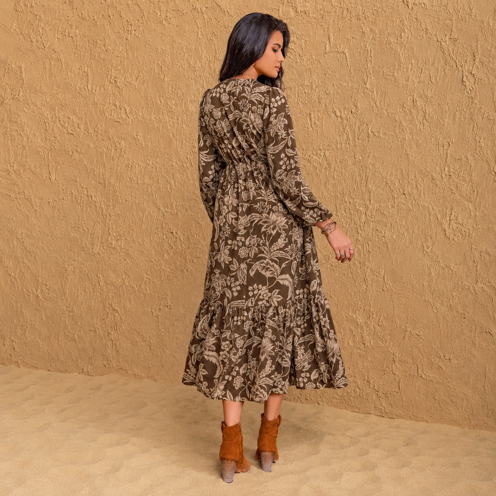 Women's Floral Boho V-Neck Long Sleeve Maxi Dress