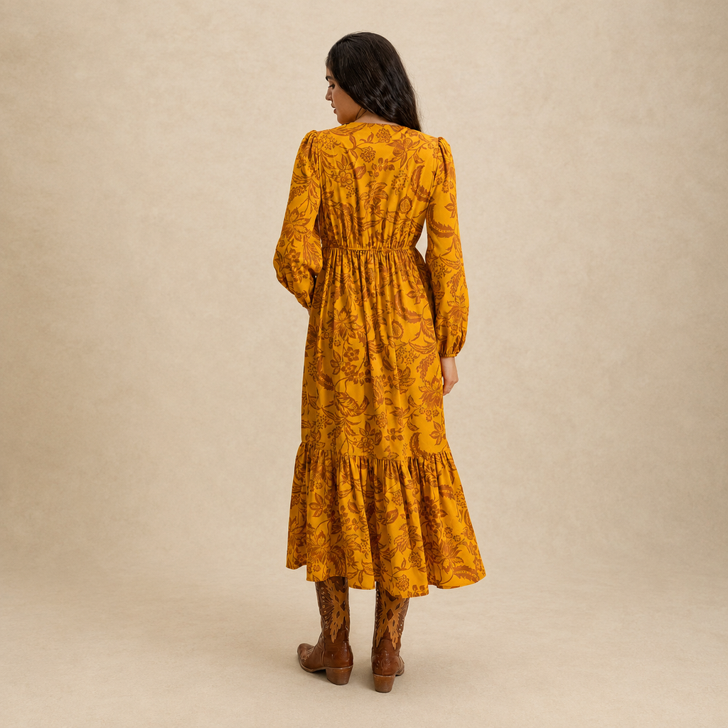Women's Floral Boho V-Neck Long Sleeve Maxi Dress