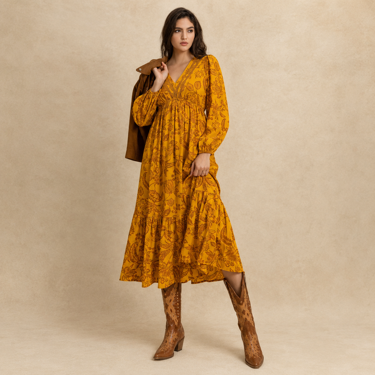 Women's Floral Boho V-Neck Long Sleeve Maxi Dress