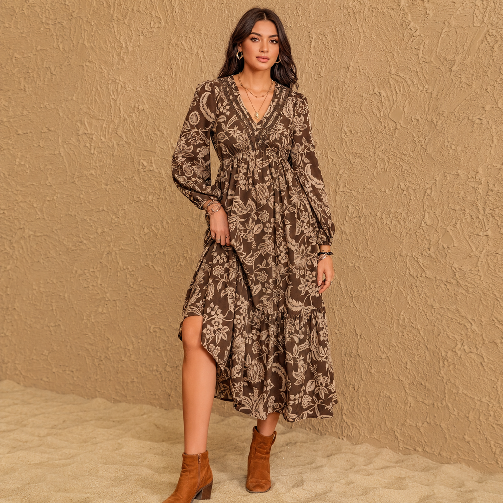 Women's Floral Boho V-Neck Long Sleeve Maxi Dress