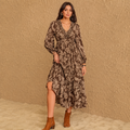 Women's Floral Boho V-Neck Long Sleeve Maxi Dress