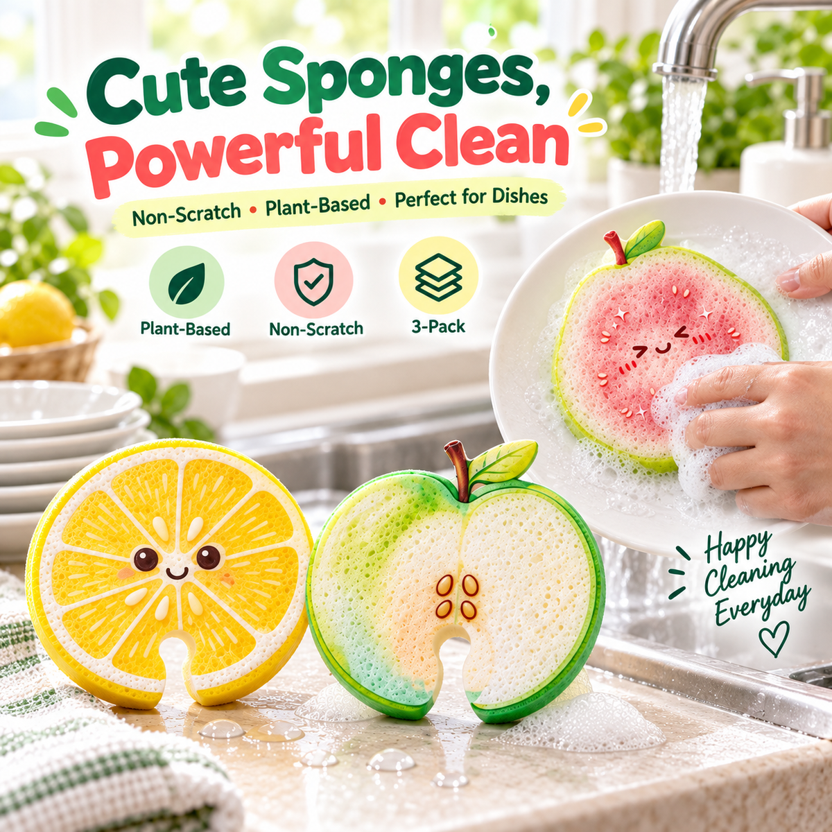 Compressed Cellulose Sponges - 3-Pack Fruit-Shaped Natural Pop-Up Kitchen Sponges