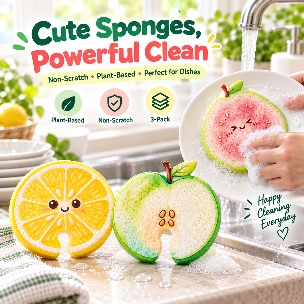 Compressed Cellulose Sponges - 3-Pack Fruit-Shaped Natural Pop-Up Kitchen Sponges