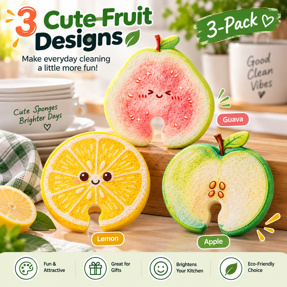 Compressed Cellulose Sponges - 3-Pack Fruit-Shaped Natural Pop-Up Kitchen Sponges