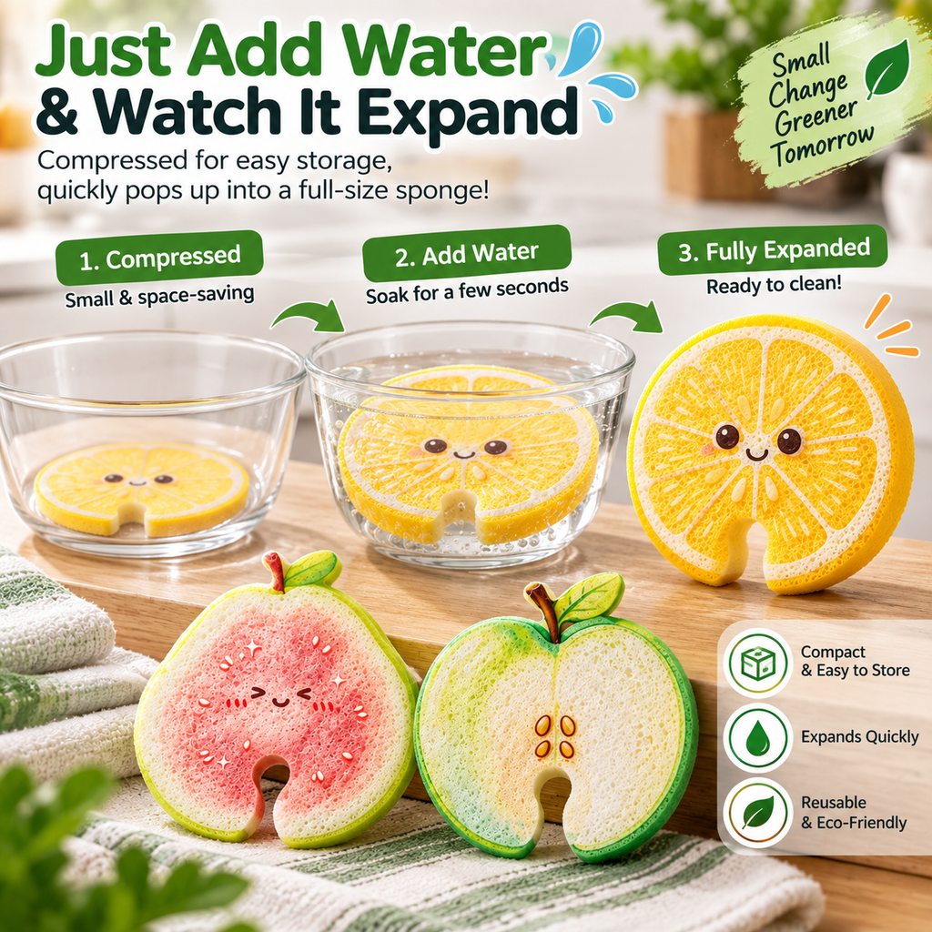 Compressed Cellulose Sponges - 3-Pack Fruit-Shaped Natural Pop-Up Kitchen Sponges
