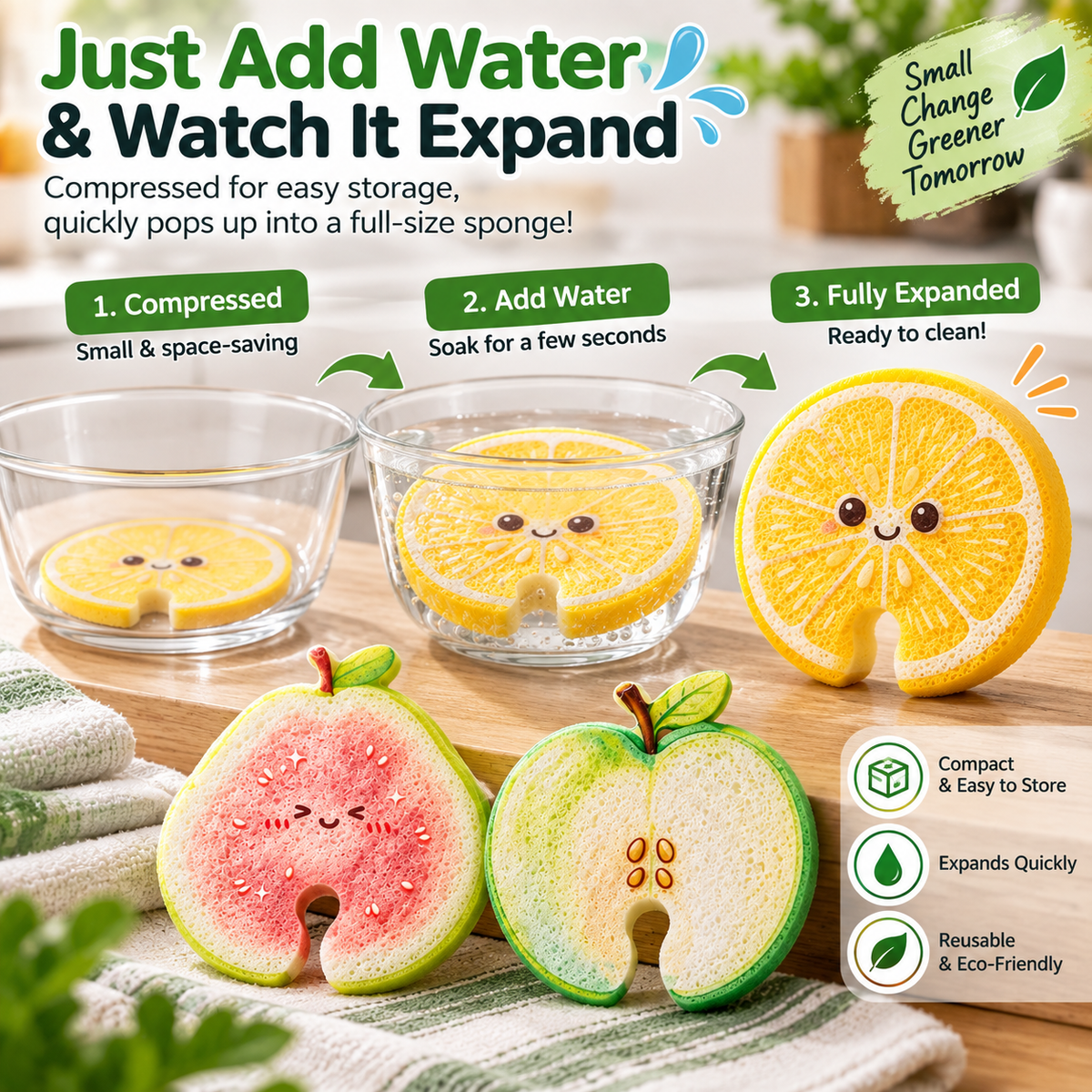 Compressed Cellulose Sponges - 3-Pack Fruit-Shaped Natural Pop-Up Kitchen Sponges