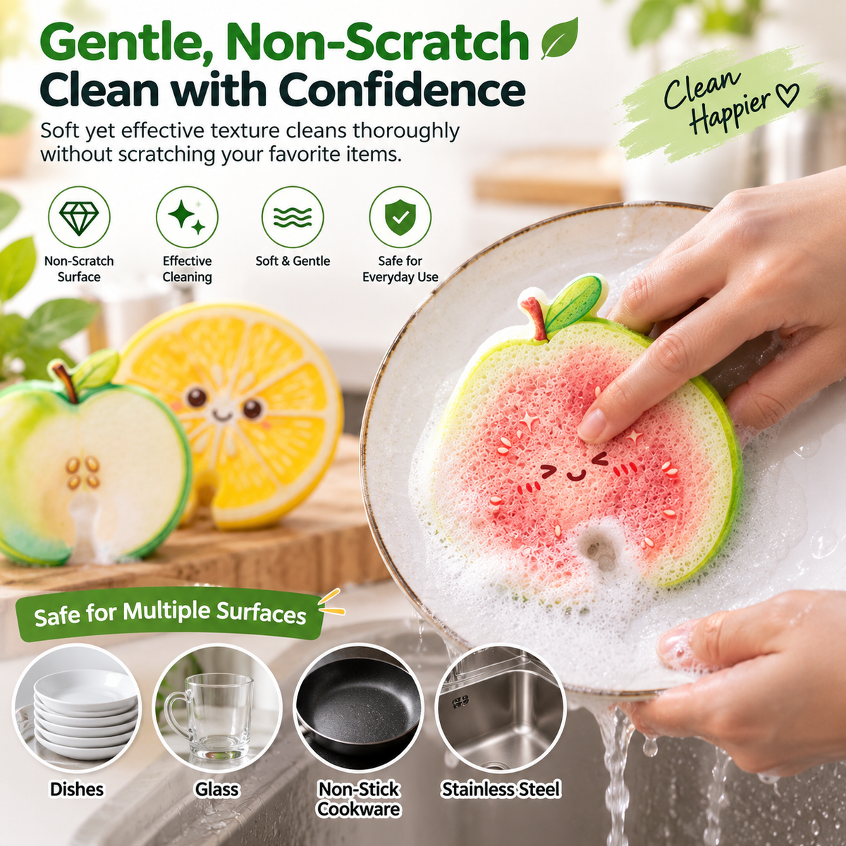 Compressed Cellulose Sponges - 3-Pack Fruit-Shaped Natural Pop-Up Kitchen Sponges