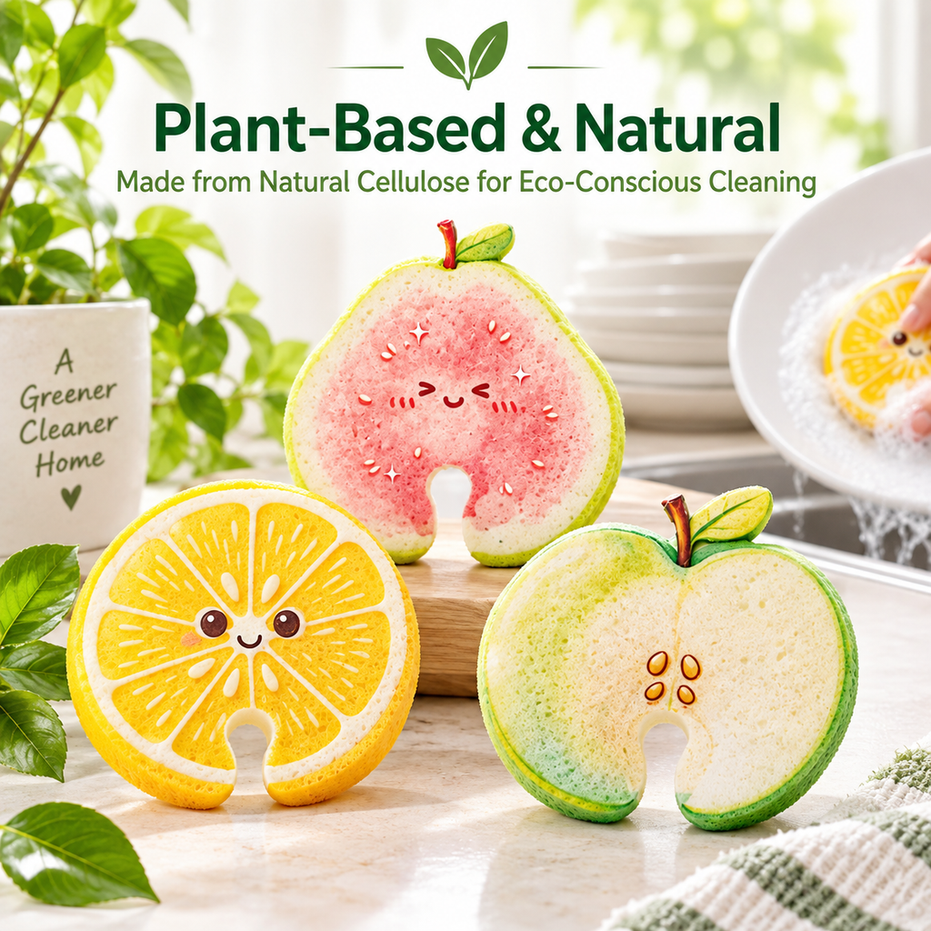 Compressed Cellulose Sponges - 3-Pack Fruit-Shaped Natural Pop-Up Kitchen Sponges