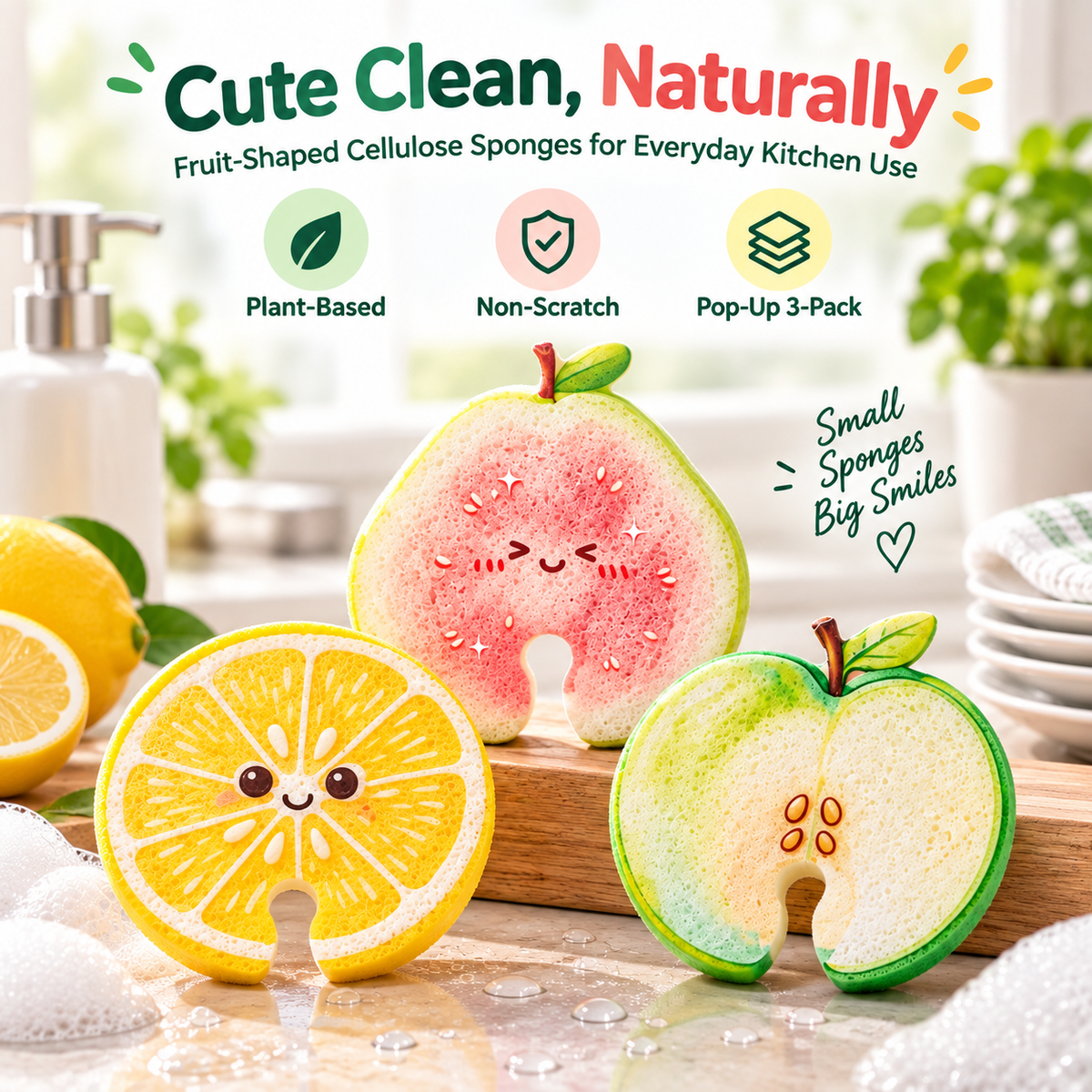 Compressed Cellulose Sponges - 3-Pack Fruit-Shaped Natural Pop-Up Kitchen Sponges