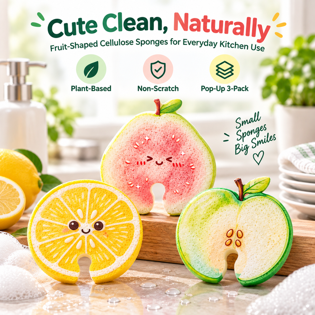 Compressed Cellulose Sponges - 3-Pack Fruit-Shaped Natural Pop-Up Kitchen Sponges