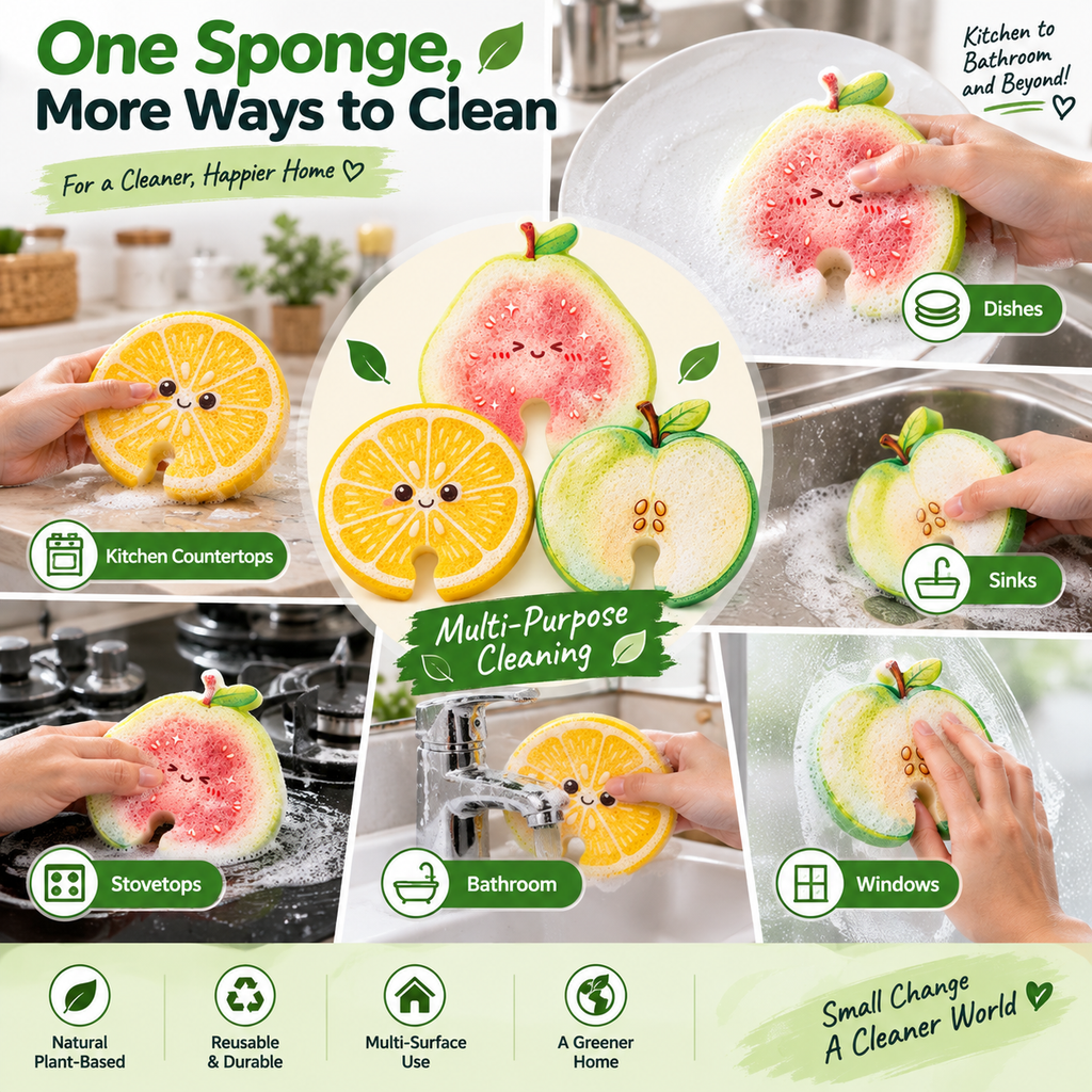 Compressed Cellulose Sponges - 3-Pack Fruit-Shaped Natural Pop-Up Kitchen Sponges