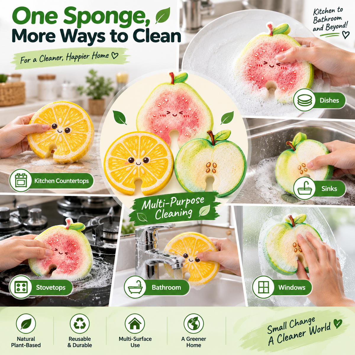 Compressed Cellulose Sponges - 3-Pack Fruit-Shaped Natural Pop-Up Kitchen Sponges