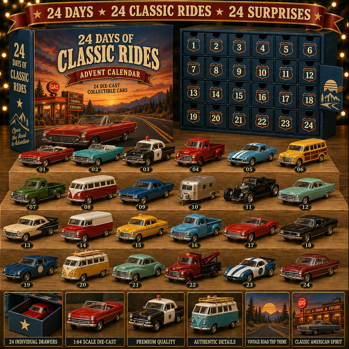 🚗🎁 24 Days of American Car Legends Advent Calendar – 24 Die-Cast Collectibles ✨🚗