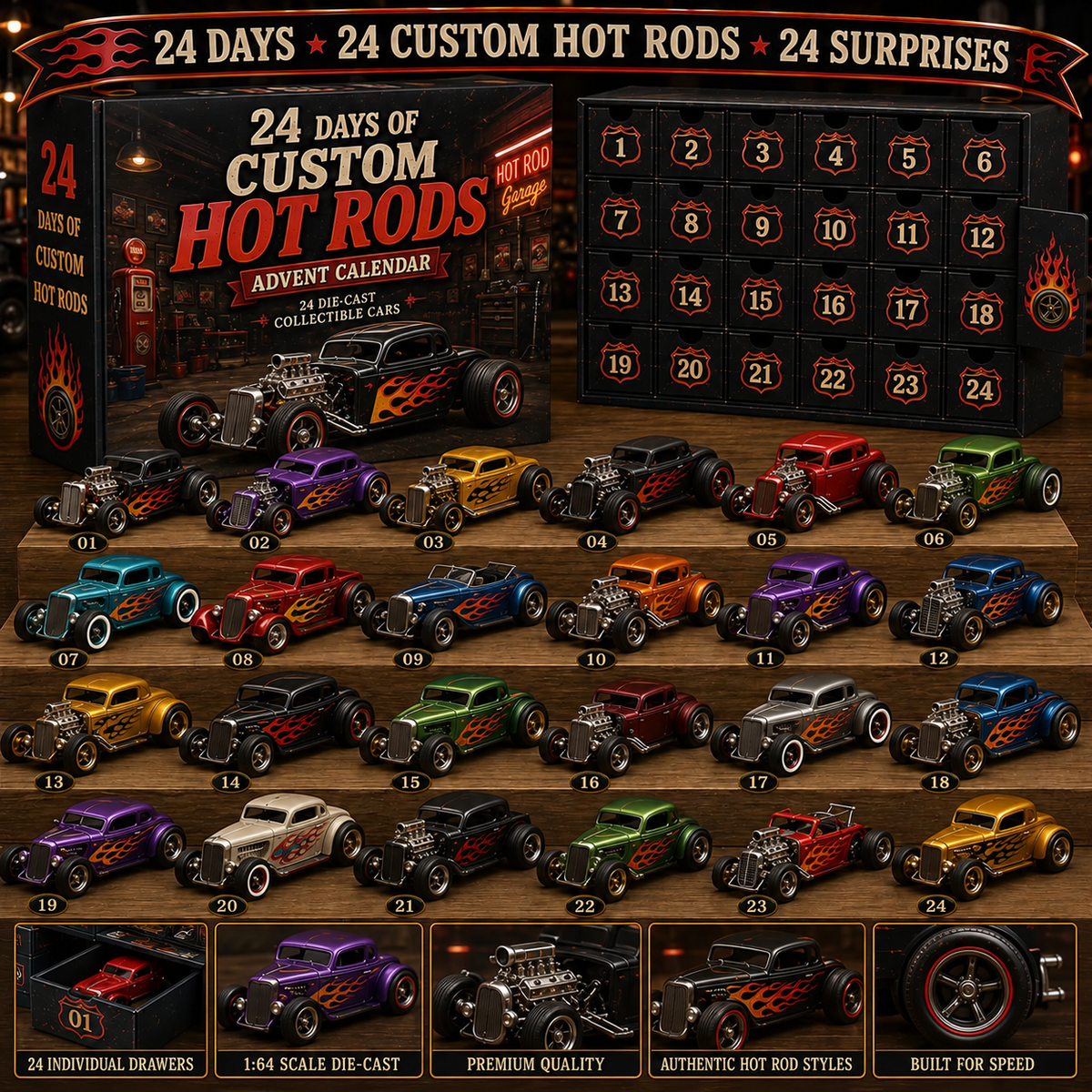 🚗🎁 24 Days of American Car Legends Advent Calendar – 24 Die-Cast Collectibles ✨