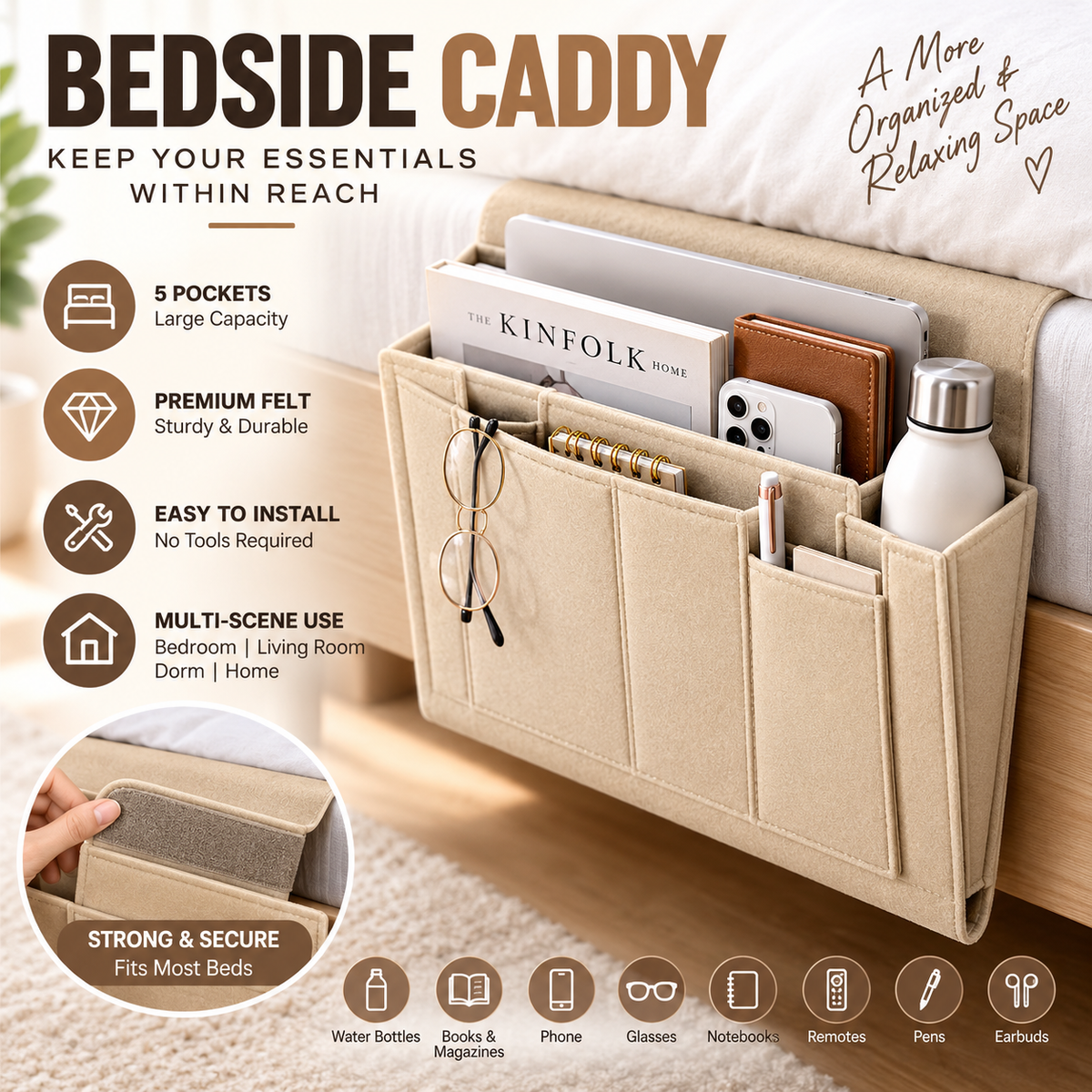 Bedside Storage Organizer – 5-Pocket Felt Hanging Bed Caddy 📚📱✨