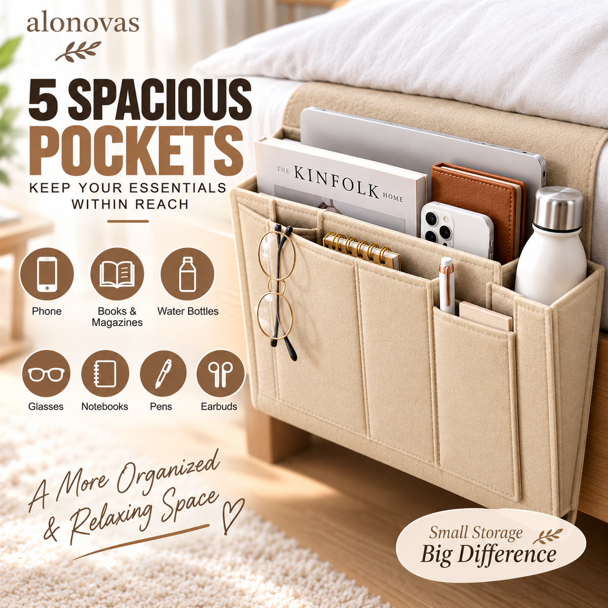 🛏️50% OFF NOW! Bedside Storage Organizer – 5-Pocket Felt Hanging Bed Caddy