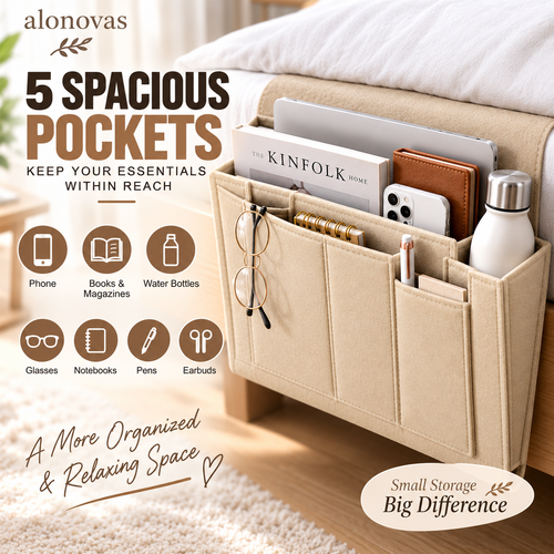 Bedside Storage Organizer – 5-Pocket Felt Hanging Bed Caddy 📚📱✨