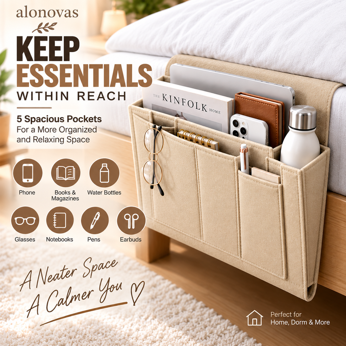 🛏️50% OFF NOW! Bedside Storage Organizer – 5-Pocket Felt Hanging Bed Caddy