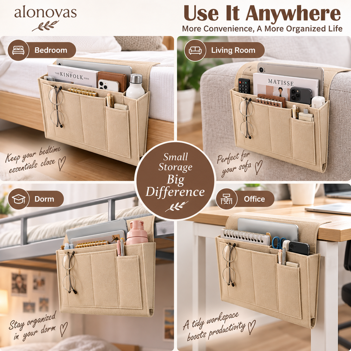 Bedside Storage Organizer – 5-Pocket Felt Hanging Bed Caddy 📚📱✨