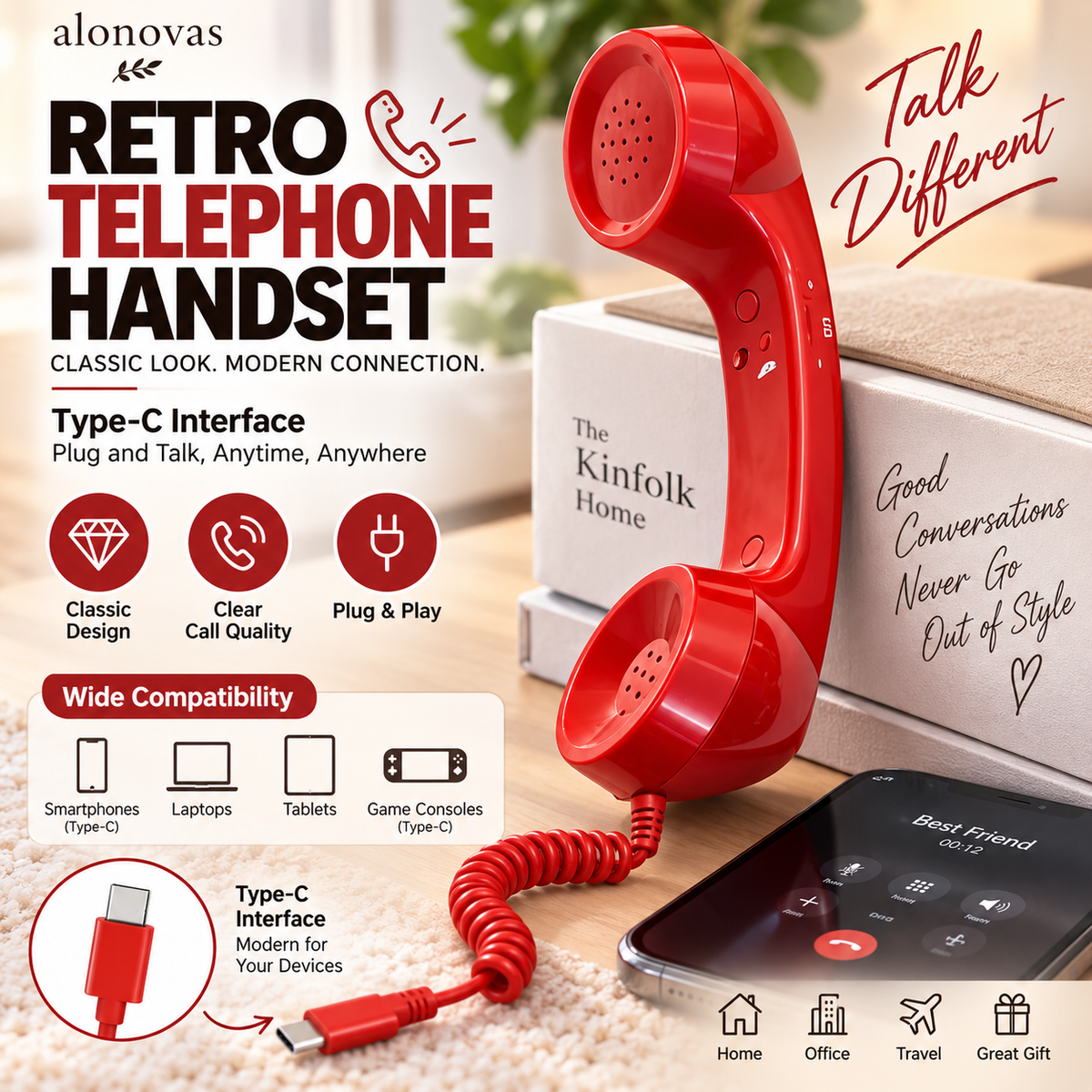 ☎️✨ Retro Phone Handset with Type-C | Vintage Wired Receiver 📞🔌