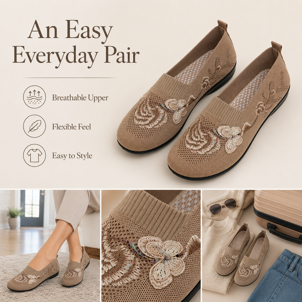 🌸 Women's Ultra-Soft Embroidered Knit Slip-On Shoes with Flexible Non-Slip Rubber Sole